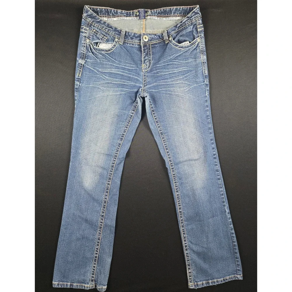 Amethyst Jeans Womens 14 Blue Bootcut Medium Wash Whiskered Embroidered Stretch